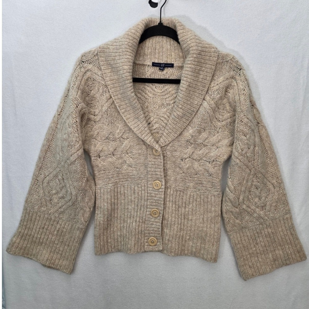 Gap Cardigan Sweater Shawl Cable Knit XS Beige Merino Wool Boho Bell Sleeve